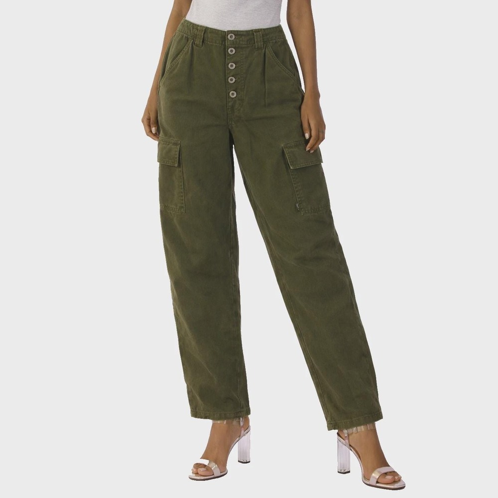 Y2K Vintage Cargo Pants Womens 4 Olive Green High Rise Utility Jeans Button Fly